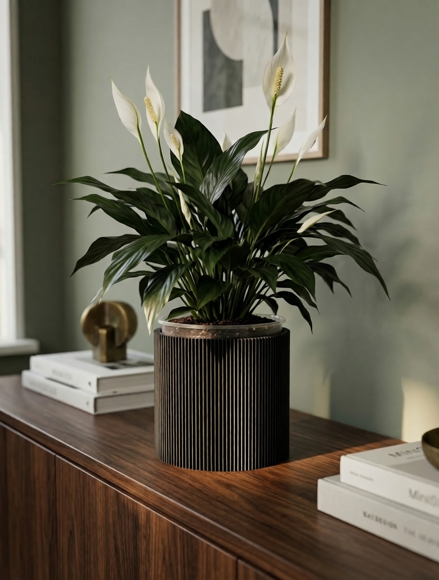 3D-gedruckter Design-Übertopf in Schwarz auf einem Sideboard