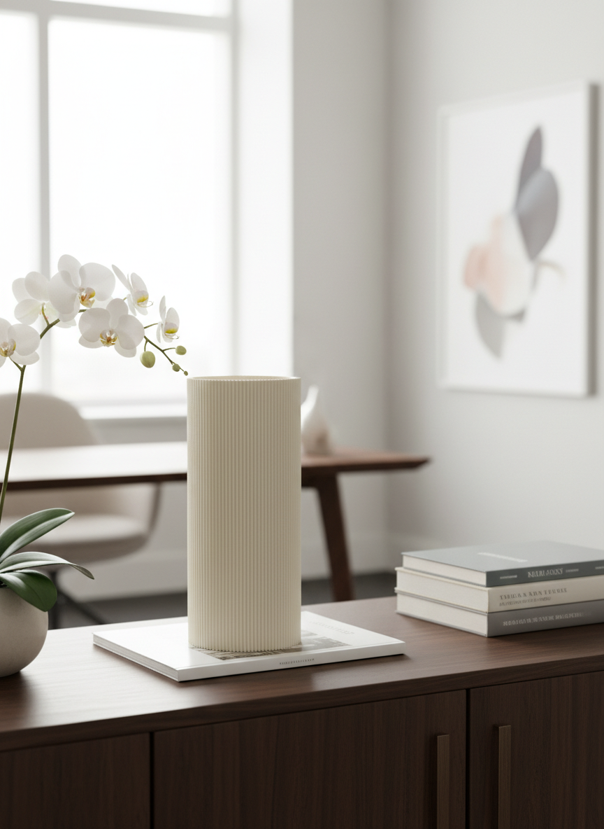 Designvase auf einem hellen Sideboard — nachhaltig in Bayern gefertigt